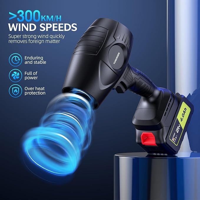 600,000 RPM 21 V Cordless Leaf Blower with 2×4.0 Ah Batteries & Fast Charger: