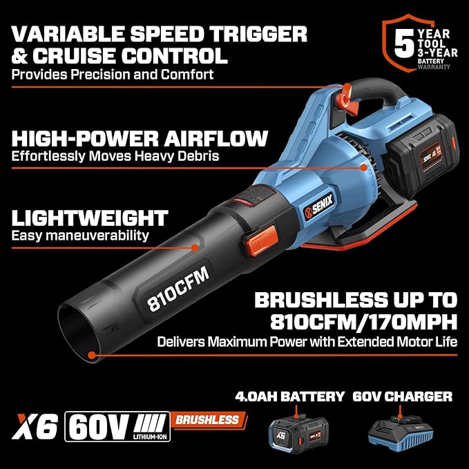 SENIX 60V Max Cordless Leaf Blower (Model BLAX6‑M1):